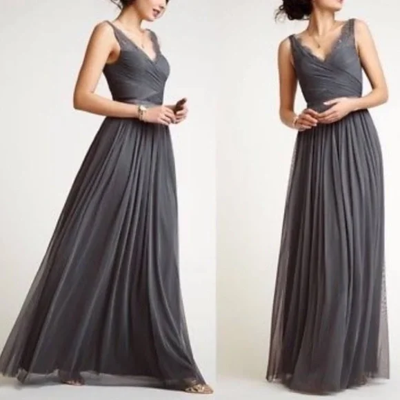 sachin and babi light blue dress NWOT Anthropologie BHLDN Gray Fresna Short Sleeve V-Neck Beaded Maxi Dress 8 main image 1